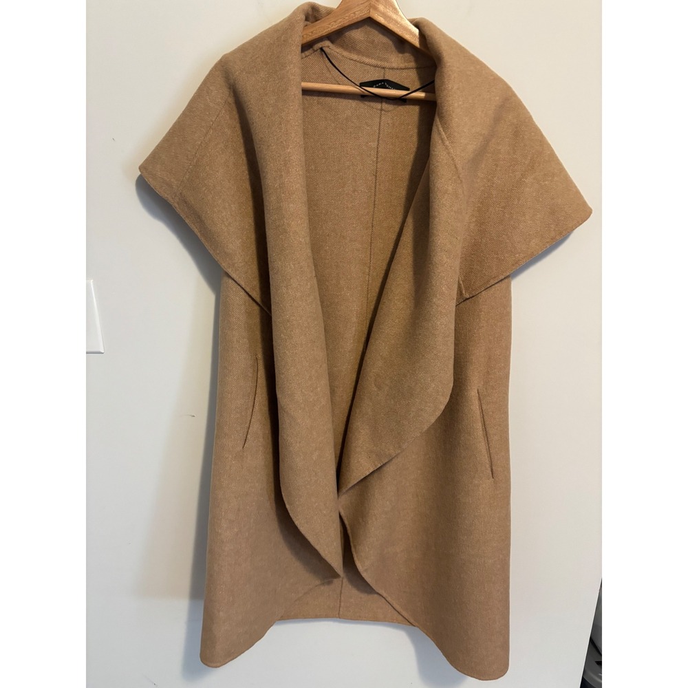 Zara Woman Camel Tan Wool Blend Draped Shawl Collar Sleeveless Open Front Coat
